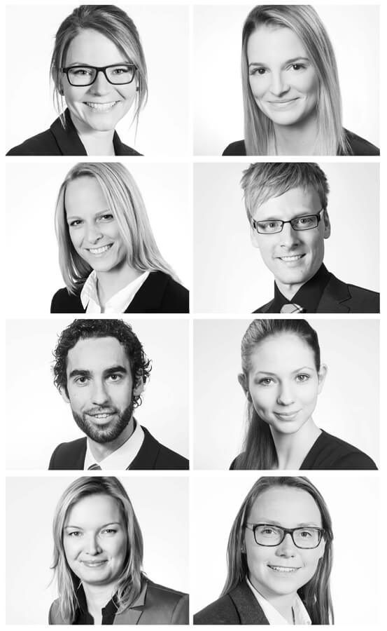 Eine Collage von sechs Personen in formeller Geschäftskleidung. Die Personen sind unterschiedlichen Alters und Geschlechts. Sie tragen Anzüge, Krawatten und Blusen. Einige halten Aktenordner oder Laptops. Die Personen wirken professionell und selbstbewusst. Die Collage zeigt die Vielfalt und Professionalität der Geschäftswelt.