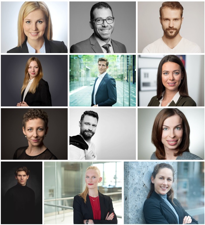 Collage mit professionellen Bewerbungsbildern von Frauen und Männern in unterschiedlichen Outfits, Bildstilen und beruflichen Kontexten – Beispiele erfolgreicher Bewerbungsfotos vom Fotostudio Belichtungswert in München.
