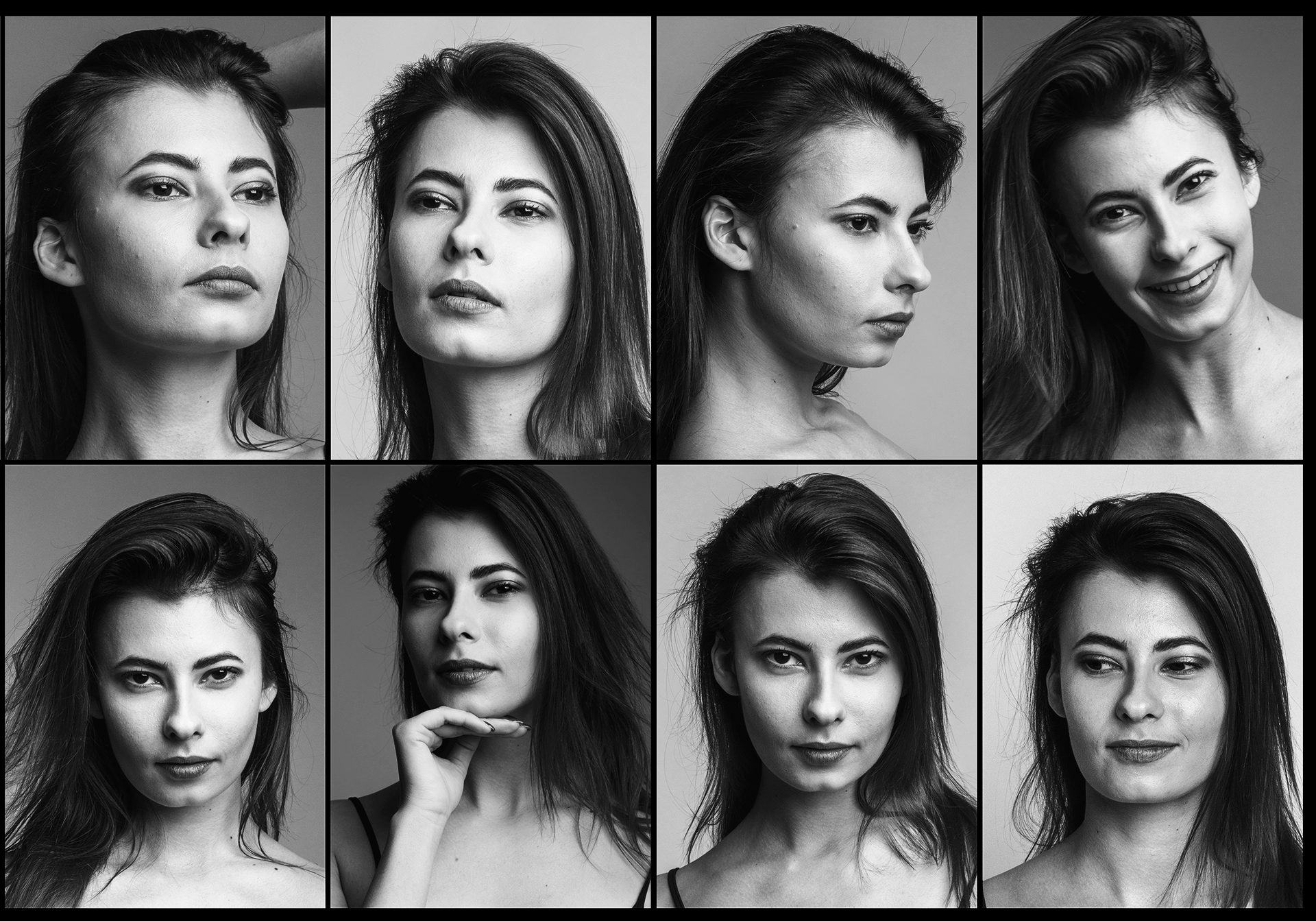 Moodboard für eine Komparsen-Sedcard im Fotostudio Belichtungswert mit Schwarzweiß-Portraits, verschiedenen Gesichtsausdrücken und Stimmungen als kostenlose Vorbereitung für Casting, Film und Fernsehen.