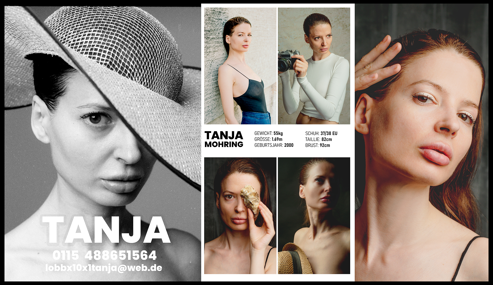 Model Sedcard vom Fotostudio Belichtungswert München mit mehreren Beauty- und Fashion-Portraits, Schwarzweiß-Aufnahme mit Hut, Close-up und Portfolio-Bildern im professionellen Sedcard-Layout
