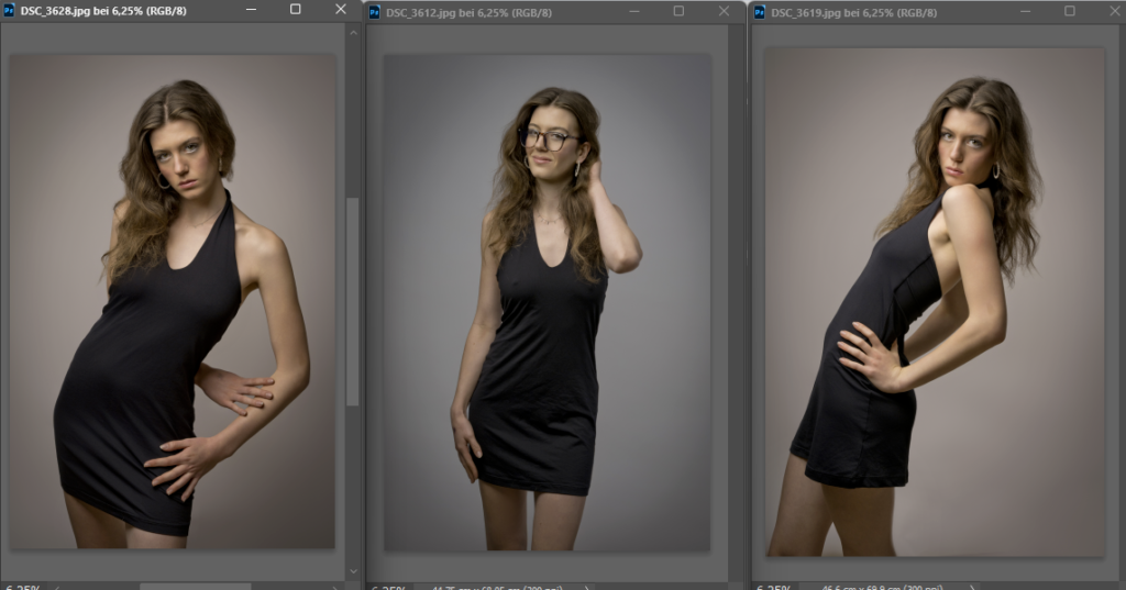 Model-Sedcard im Studio: junges Model im schwarzen Kleid mit ruhiger Pose und direktem Blick