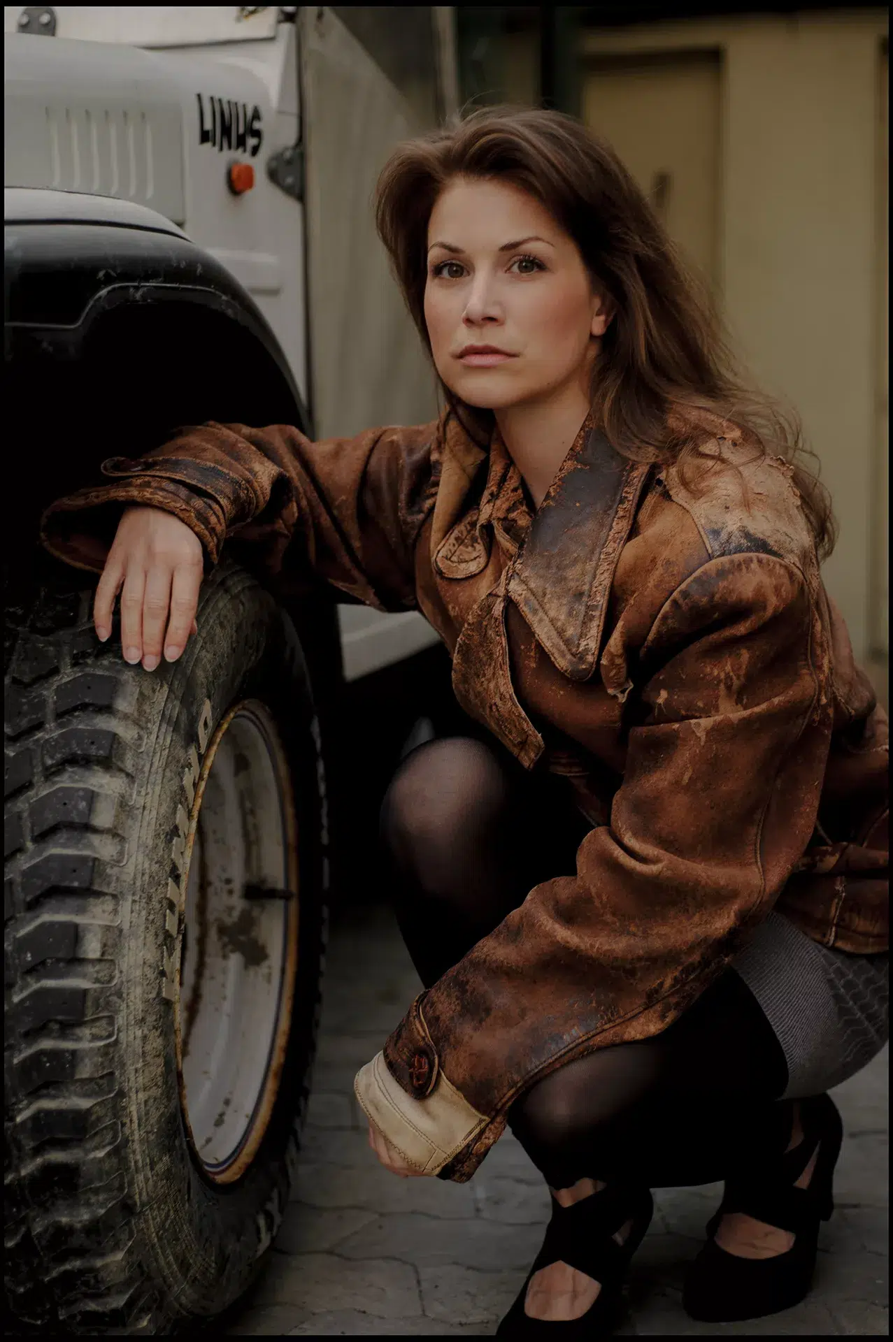 Eine junge Frau in einer coolen Lederjacke sitzt am Rad eines Jeeps