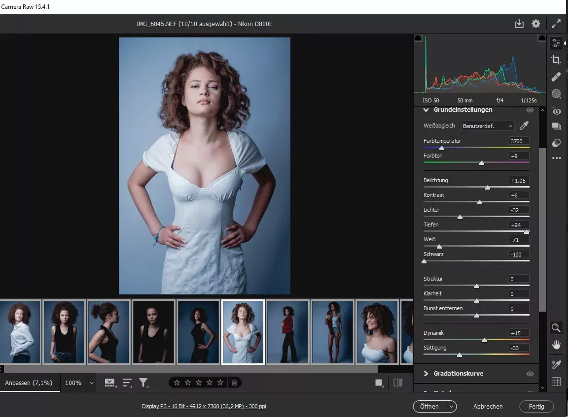 Screenshot eines Raw-Converters für die Anpassung der Farben eines Fotos Sedcard Model in Lightbox